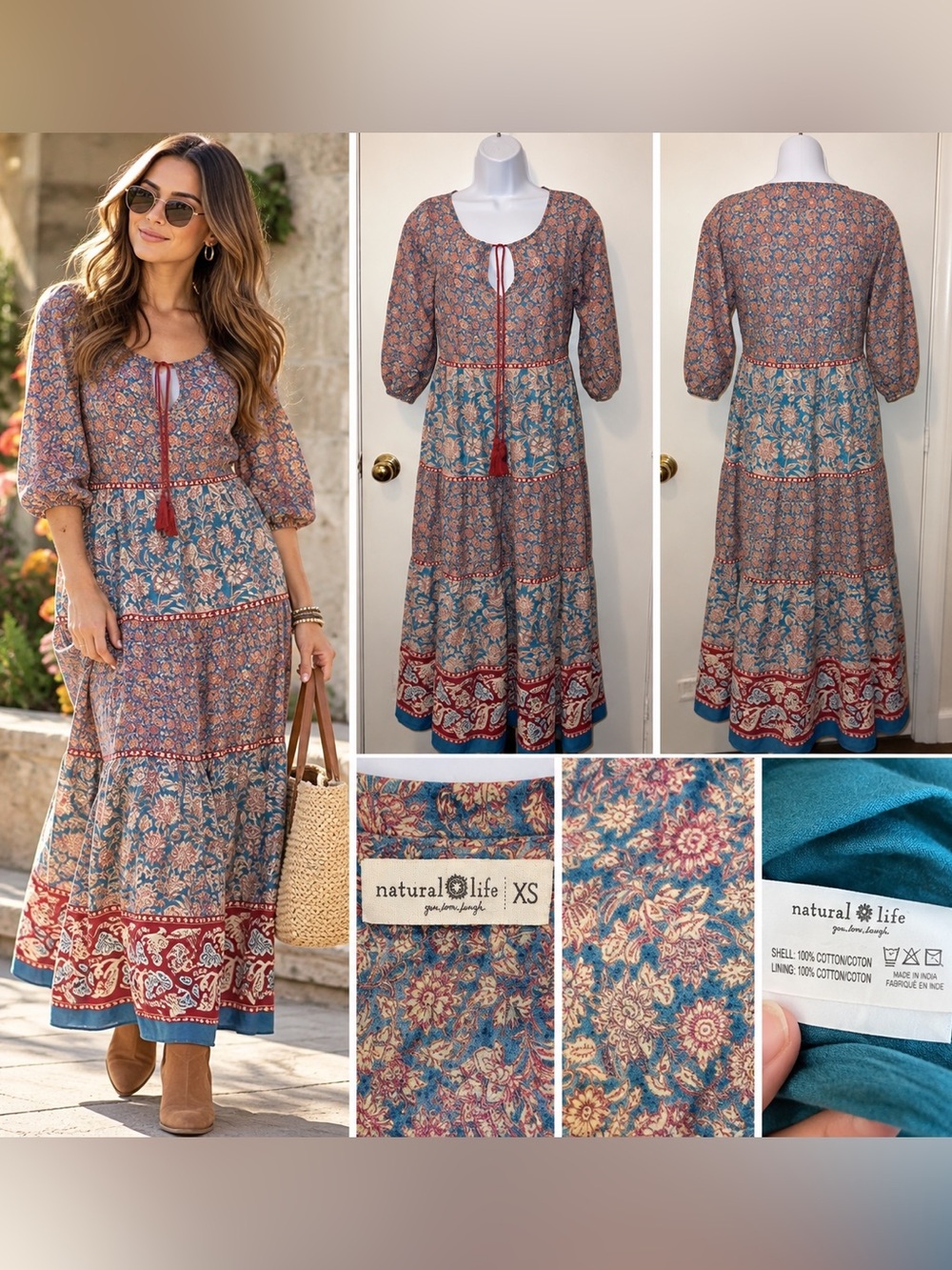 NWOT Natural Life Boho Floral Tiered Cotton Maxi Dress Blue Rust XS